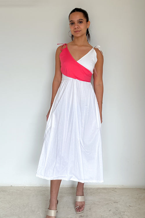 Vestido midi bicolor blanco-fucsia