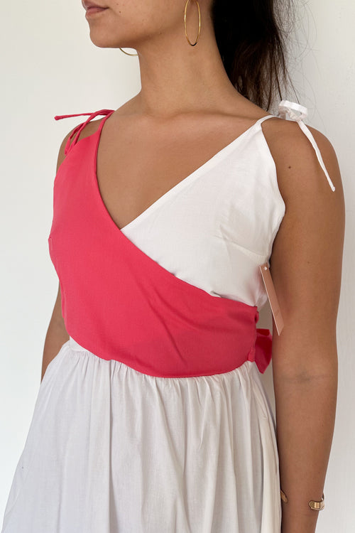 Vestido midi bicolor blanco-fucsia