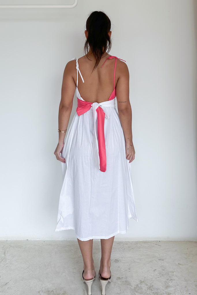 Vestido midi bicolor blanco-fucsia