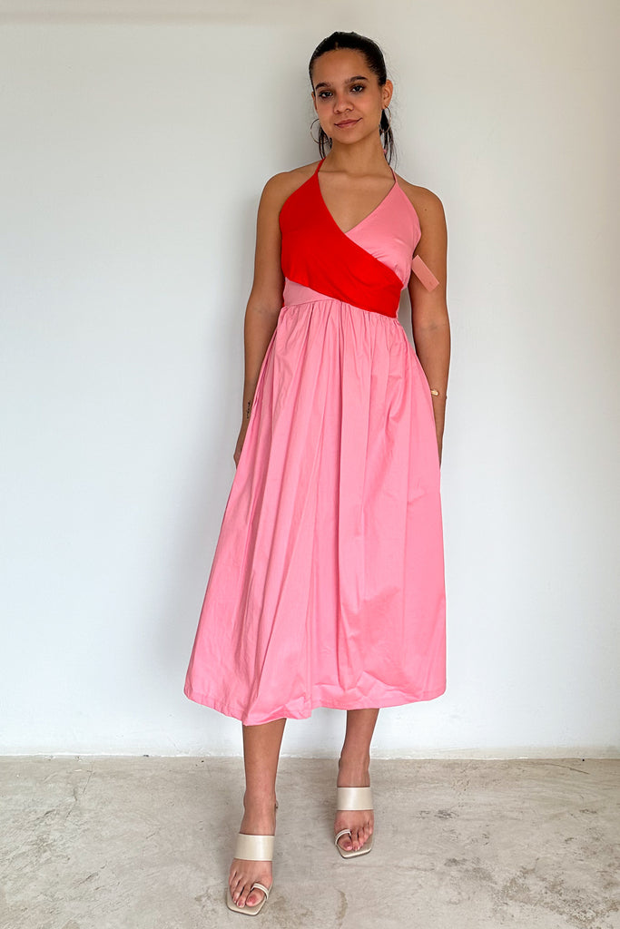 Vestido midi bicolor rosa-naranja