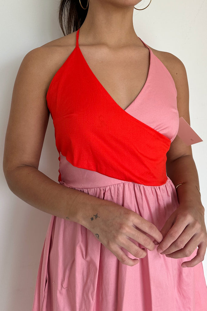 Vestido midi bicolor rosa-naranja